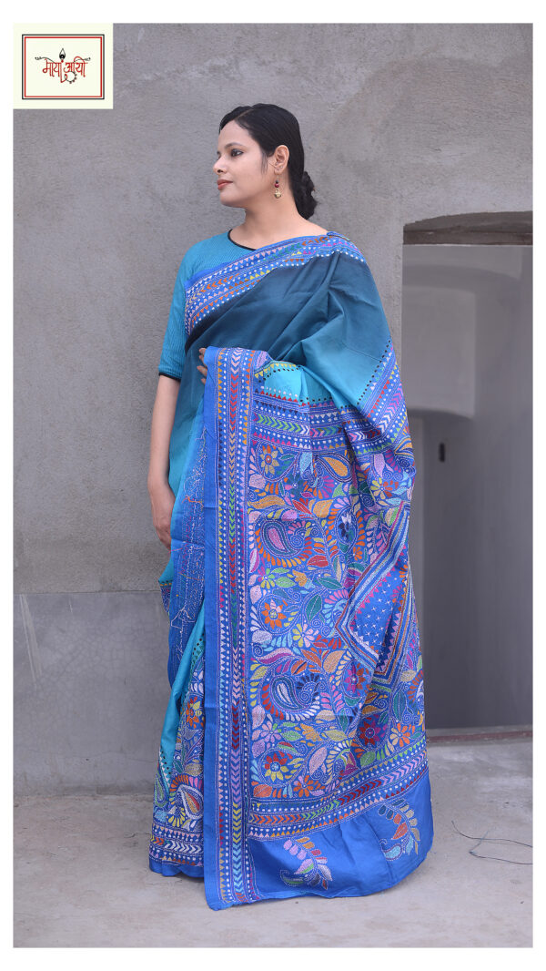 Pure Bangalore Silk Dyed Nakshi Kantha Work Saree